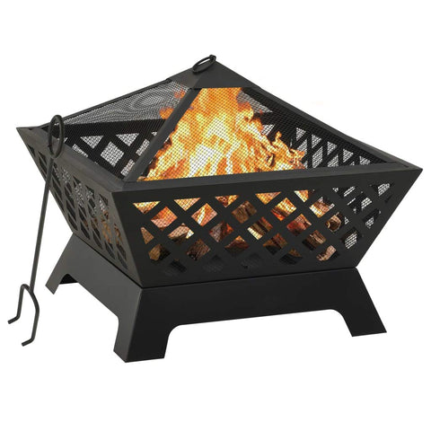 vidaXL Fire Pit with Poker 25.2" XXL Steel - Decorative Garden Patio Fireplace with Safety Mesh, Easy View & Carry, High Heat Absorption Capacity