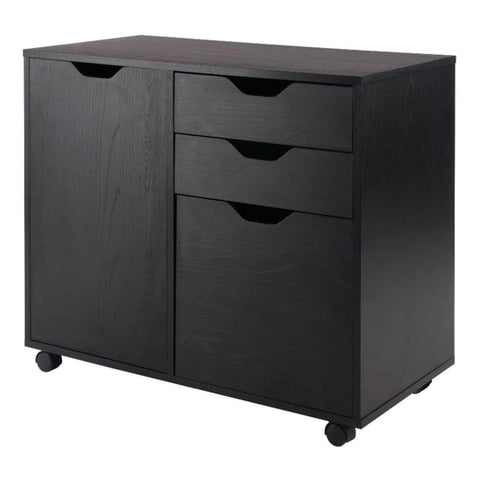 Oakestry Halifax Storage Mobile Cabinet with 1 Large Door and 3 Drawers Black Wooden Organizer for Home Office Bedroom Craft Room and Living Room