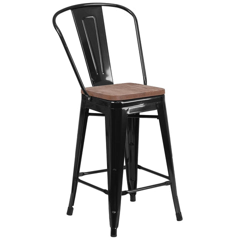 Flash Furniture Lily 24" High Black Metal Counter Height Stool with Back and Wood Seat (Pack of 1)