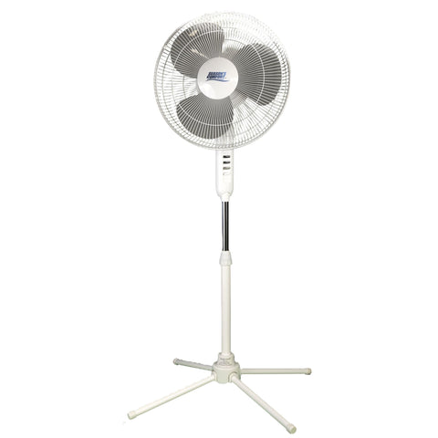 Seasons Comfort 16 Inch Oscillating Pedestal Fan, White, 3 Speeds, Adjustable Height, Push Buttons, Quiet - Electric Cooling Fan for Home, Office & Bedroom Use