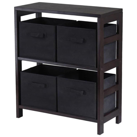 Oakestry Capri Wooden 2-Section Storage Shelf with 4 Black Fabric Foldable Baskets – Compact Organizer for Living Room, Bedroom, Office & Closet