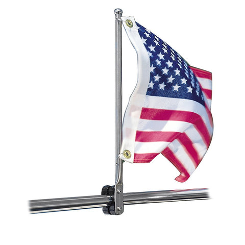 Taylor Made 15" Stainless Steel Flag Pole with Rail Mount – Made from T304 stainless steel – 15" length – Mounts to 7/8" to 1 1/4" round rails – Complete with split rings – 2020109098