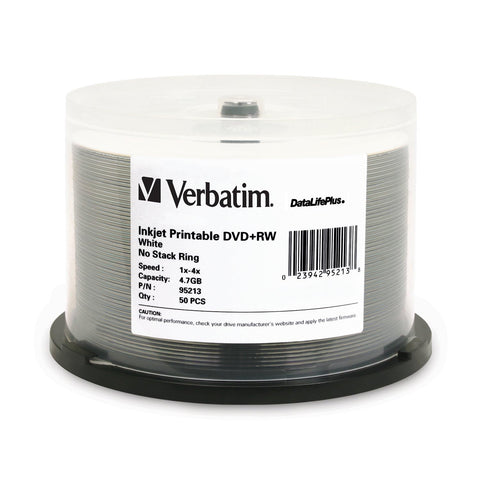 Verbatim DVD+RW 4.7GB 120Min Up to 4X Blank Discs Rewritable Up to 1000 times DataLifePlus White Inkjet Printable - 50pk Spindle