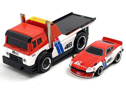 Muscle Machines Flatbed Truck #46 Red and White with Blue Stripes and 1972 240Z #46 Red and White with Blue Stripes Muscle Transports Series 1/64 Diecast Models 11553WH