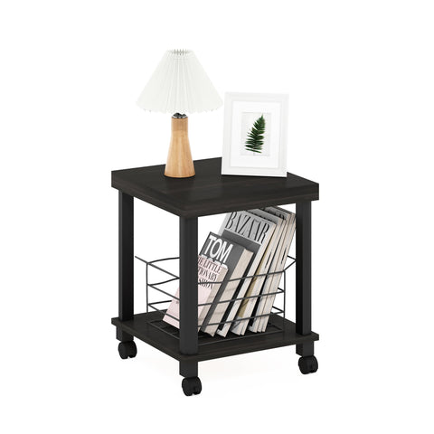 Furinno Turn-N-Tube Side Table, 2-Tier Thick Tabletop End Table with Wheels, Toolless Assembly Night Stand, Bedside Table with Open Shelf, for Living Room, Bedroom, Espresso