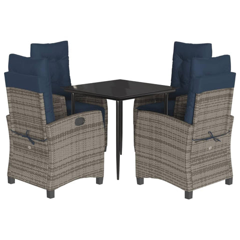 vidaXL 5-Piece Patio Dining Set - Gray Poly Rattan with Navy Cushions, Adjustable Recliner Chairs, Tempered Glass Table