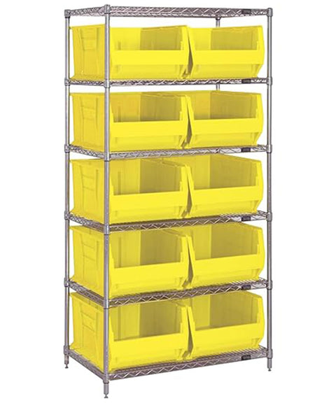 Quantum Storage Systems WR6-954YL 6-Tier Complete Wire Shelving System with 10 QUS954 Yellow Hulk Bins, Chrome Finish, 24" Width x 36" Length x 74" Height