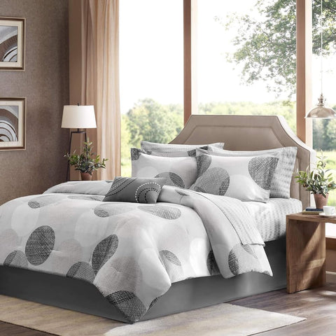 Oakestry 9-Pc Essentials Bed in a Bag Comforter Circular Print Alternative Cover Complete All-Season Cotton Sheet Set, Cal King(104"X92"), Knowles, Grey