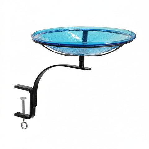 Oakestry Crackle Glass Teal Birdbath Bowl with Rail Mount Bracket Hand Blown Decorative Outdoor Garden Balcony Deck Railing Clamp
