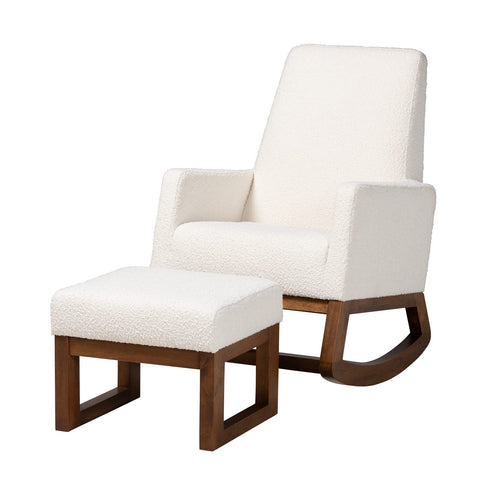 Baxton Studio Yashiya White Upholstered Brown Wood 2-Piece Chair and Ottoman Set