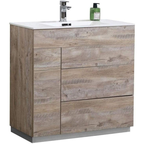 Oakestry Milano 36-Inch Modern Floor Mounted Bathroom Vanity with Sink Solid Nature Wood Freestanding Cabinet with Storage Soft Close Drawers Contemporary Bathroom Furniture