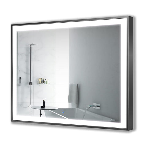 Krugg | Soho LED Bathroom Framed Mirror | Lighted Vanity Mirror Includes Dimmer & Defogger | Wall Mount Vertical or Horizontal Installation (Black, 48Wx36L)