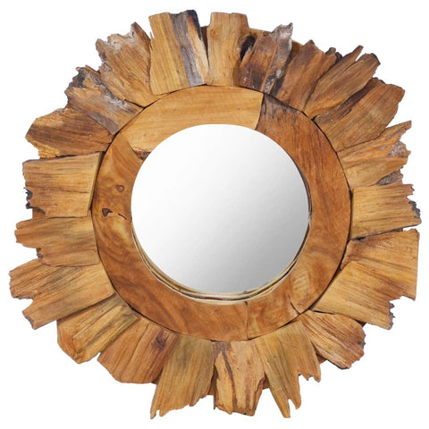 vidaXL Solid Teak Wood Decorative Mirror - Round Bathroom/Wall Mirror with Handmade Rustic Petal Frame, Natural Brown Variations, 15.7" Diameter