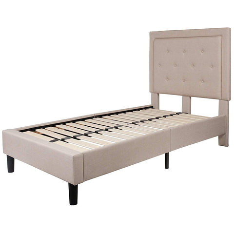 Fast Furnishings Twin Beige Fabric Upholstered Platform Bed with Button Tufted Headboard