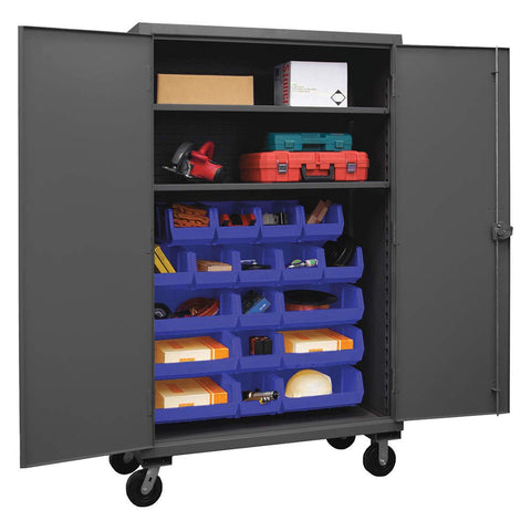 Durham HDCM48-18-2S5295 Lockable Mobile Cabinet with 18 Blue Hook-On Bins and 2 Adjustable Shelves, 48" Wide, 12 Gauge