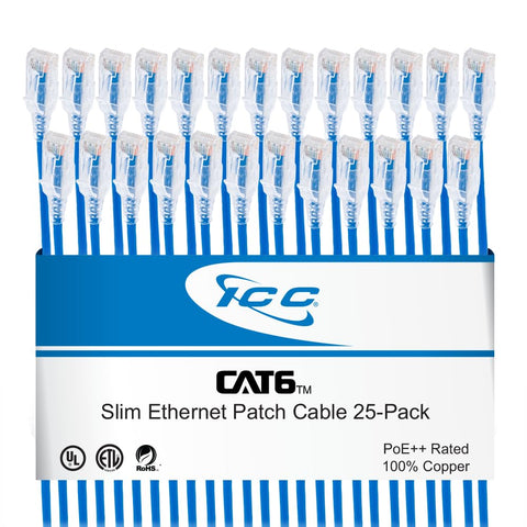 ICC CAT6 Slim Ethernet Patch Cord with Clear Boot Strain Relief, RJ45, Stranded, 550 MHz, UTP, Pure Bare Copper Wire, 28 AWG, LAN Network Patch Cable, Blue, 7 FT, 25-Pack