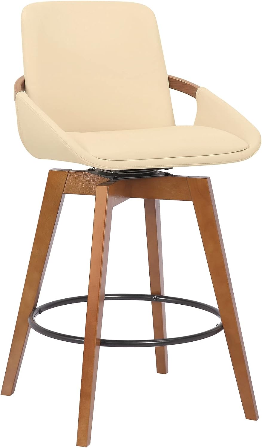 Armen Living Baylor Swivel Wood Bar or Counter Height Stool in Faux Leather, Cream/Walnut, 26" Counter Height