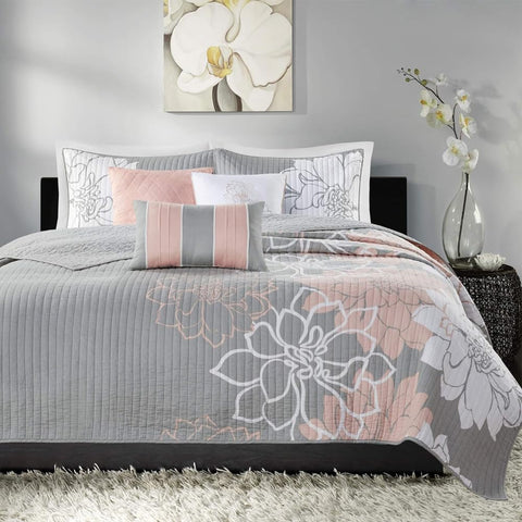 Oakestry 6-Pc Lola 100% Cotton Quilt Set Reversible Cotton Printed Coverlet Set All Season Lightweight Matching Shams, King/Cal King (104"X94"), Blush