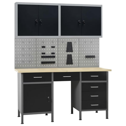 vidaXL Workbench Combining Steel and Engineered Wood with Four Wall Panels and Two Cabinets - Black and Gray, 1102.3 lb Loading Capacity, Ideal for Garage or Workshop