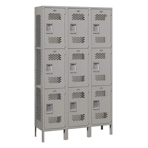 15 Wide Triple Tier Vented Metal Locker - 3 Wide - 6 Feet High - 15 Inches Deep - Gray - Unassembled