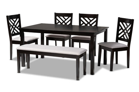 Baxton Studio Gustavo Gray Fabric Dark Brown Finished Wood 6-Piece Dining Set