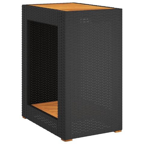 vidaXL Patio Side Table with Wooden Top, Exterior Tea Table with Storage, Rectangular Coffee Table for Garden Backyard, Modern, Black Poly Rattan
