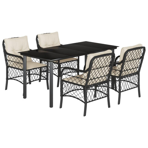 vidaXL 5 Piece Patio Dining Set w/Cushions - Black Poly Rattan, Glass Tabletop, Outdoor Furniture for Garden/Backyard