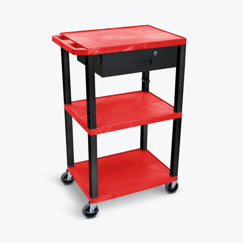LUXOR UCPL1RE-B-WTD 42"H 3-Shelf Utility Cart - Electric, Drawer, Red Shelves, Black Legs