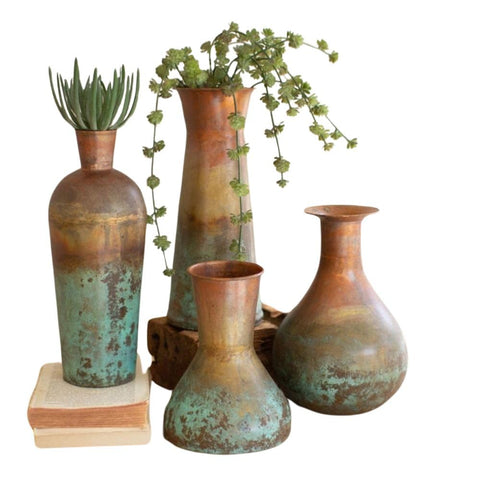 Oakestry Set of Four Two-Toned Copper Vases Decorative Modern Rustic Metal Vase Collection with Matte and Polished Finish for Table Centerpiece Shelf Mantel Office Home Decor Gift Idea