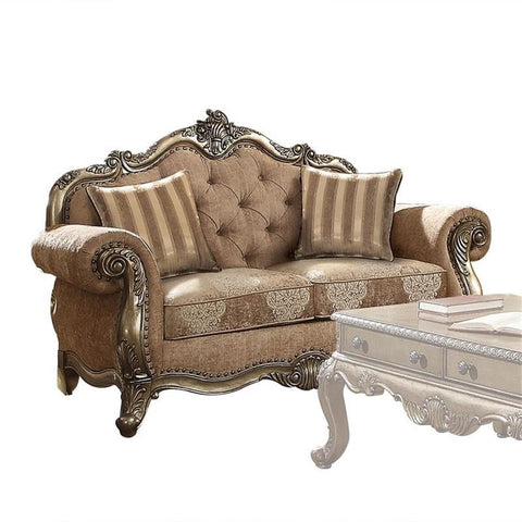 Acme Ragenardus Fabric Tufted Rolled Arm Loveseat in and Vintage Oak