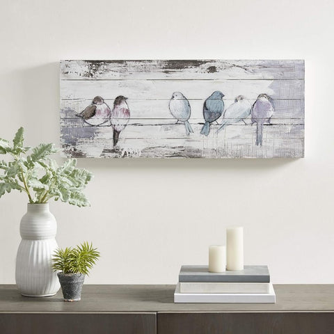 Oakestry Perched Birds Wall Art Room Decor Ready to Hang for Home Bathroom Kitchen Office Space Decor Hand Painted Wood Plank, White/Grey