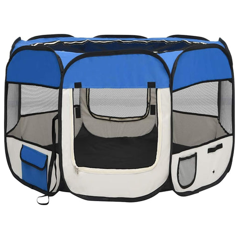 vidaXL Foldable Dog Playpen - Blue/Cream with Carrying Bag, Mesh Zipper Roof/Door, Side Pockets, Lightweight & Sturdy Steel Frame, 35.4"x35.4"x22.8"