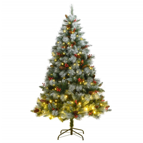vidaXL Artificial Hinged Christmas Tree - 82.7" Festive Decoration with 300 LEDs, Cones and Berries, Hinged Construction, 8 Lighting Modes - Green and White