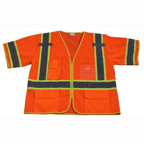 Petra Roc OVM3-CB1-S/M Safety Vest, ANSI Class 3, Two Tone Orange Mesh Deluxe with Lime Contrast Binding, Zipper Closure, 5 Pockets/2 Mic Tab, S/M