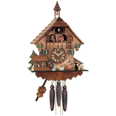 River City Clocks One Day Musical Cuckoo Clock Cottage, Boy and Girl Kiss with Waterwheel Turns