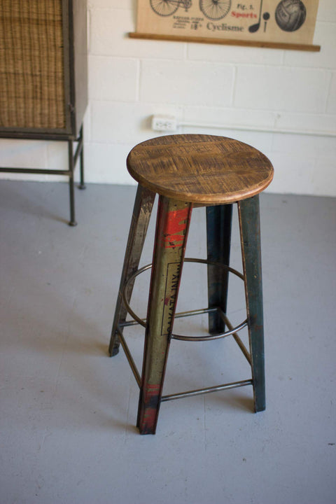 KALALOU Recycled Metal Bar Stool with Wooden Top, One Size, Brown