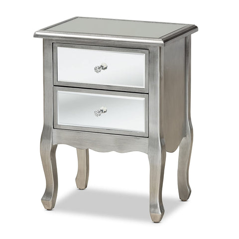 Baxton Studio Leonie 24.21-inch High 2-Drawer Nightstand, Silver and Mirror