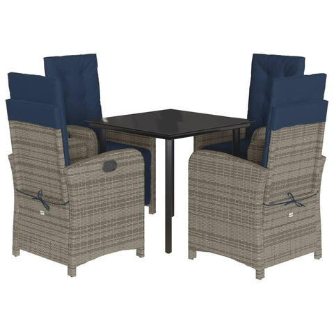 vidaXL 5-Piece Patio Dining Set with Reclining Chairs - Poly Rattan, Tempered Glass Table, Navy Cushions, Adjustable Backrest/Footrest