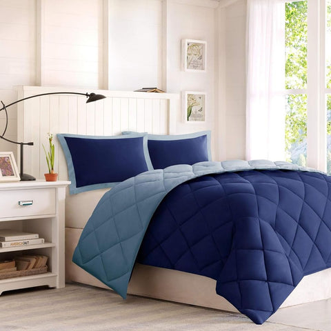 Oakestry 3-Piece Reversible Two Sides All Season Ultra-Soft Brushed Microfiber Machine Washable, King, Navy/Light Blue