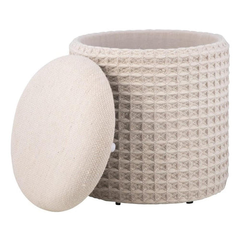 Carolina Chair & Table Handwoven Fabric Storage Ottoman with Round Wooden Base - Solid Wood Frame, Hidden Storage Pouf Stool - Compact Foot Stools for Bedrooms, Entryways, Living Rooms (Ivory Waffle)