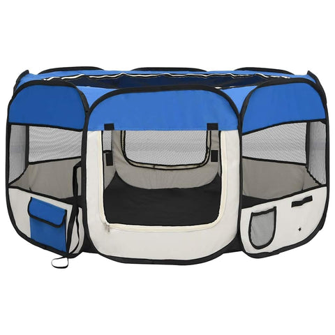 vidaXL Foldable Dog Playpen with Carrying Bag - Blue & Cream Dog Run Cage with Strong Steel Frame & Zippered Mesh Door - Ideal for Home and Travel Use