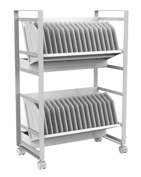 LUXOR LOTM32 32-Device Open Charging Cart, Two-Shelf Tablet/Chromebook Storage Station, UL Listed 16-Outlet Power Strips, Cable Clips, 2" Casters, Gray/White