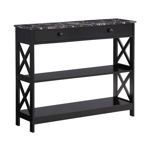 Convenience Concepts Oxford 1 Drawer Console Table with Shelves, Black Faux Marble/Black