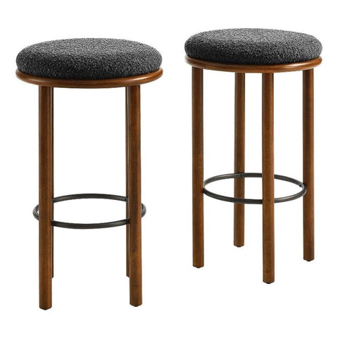 Modway Fable 30 Inch Backless Wood Bar Stools Set of 2 in Walnut Charcoal - Upholstered Padded Boucle Round Barstool - 2Pc Bar Height Stools with Footrest