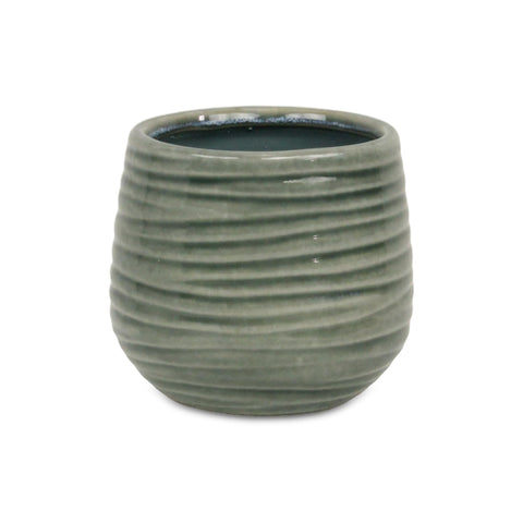 Cheungs Fairloam Round Curved Wave Lined Pattern Ceramic Pot- Medium - Green