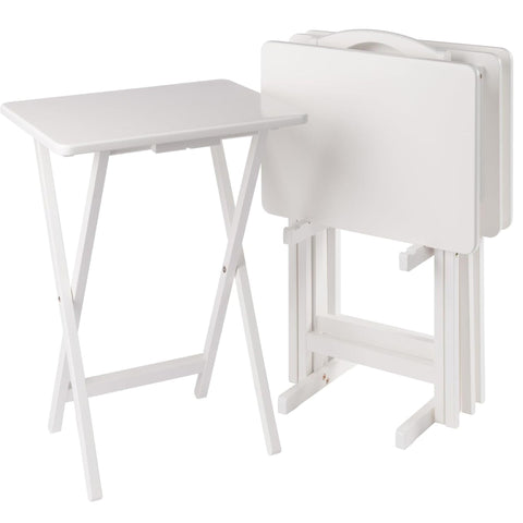 Oakestry Alex 5-Piece Snack Table Set with Storage Stand, Solid Wood Folding TV Tray Tables for Living Room, White Finish