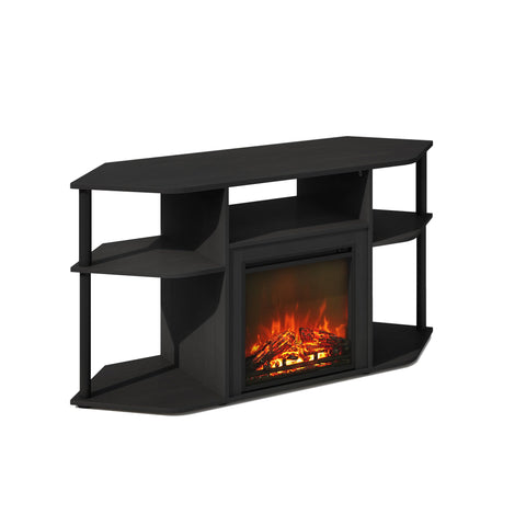 Furinno Jensen Open Storage No Heat Decorative Electric Fireplace Corner TV Stand Entertainment Center with Plastic Poles for TV up to 55 Inch Americano/Black