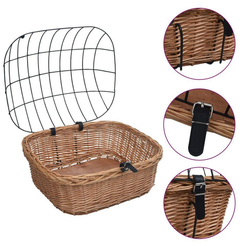 vidaXL Bike Front Basket with Cover Sporting Goods Outdoor Recreation Cycling Tear Proof Bicycle Accessory Bike Front Basket Natural Willow