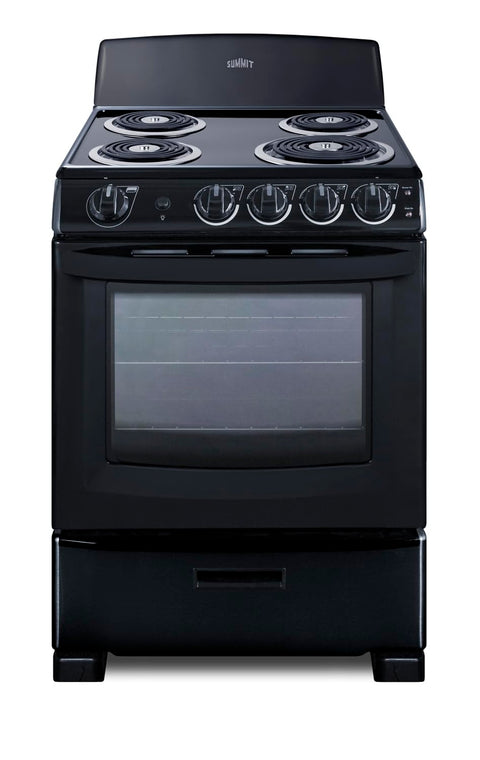 Summit Appliance RE2413B 24 In. Wide Electric Coil Range 4-Burner Porcelain Interior Chrome Drip Pans (Black 24-Inch)