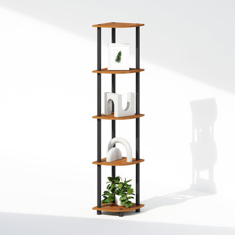 Furinno Turn-N-Tube Storage Shelves, 5-Tier Book Shelf, Corner Shelf with Open Shelves, Toollesss Assembly, for Organization and Storage, Living Room, Home Office, Hallway, Bedroom, Light Cherry Oak